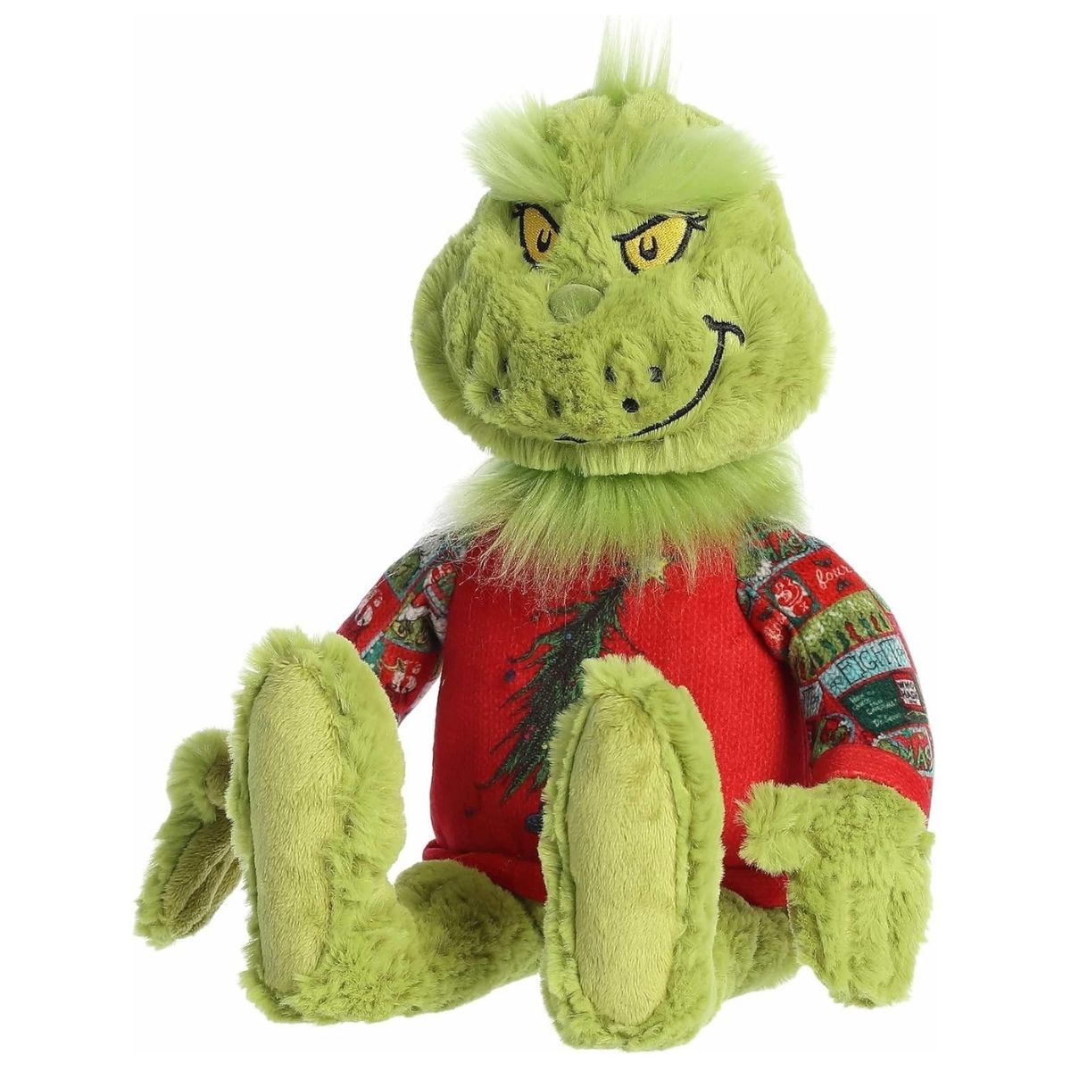 Angled front view of the Aurora Grinch plush sitting down, showing off his big green paws, fluffy hair, and festive sweater.