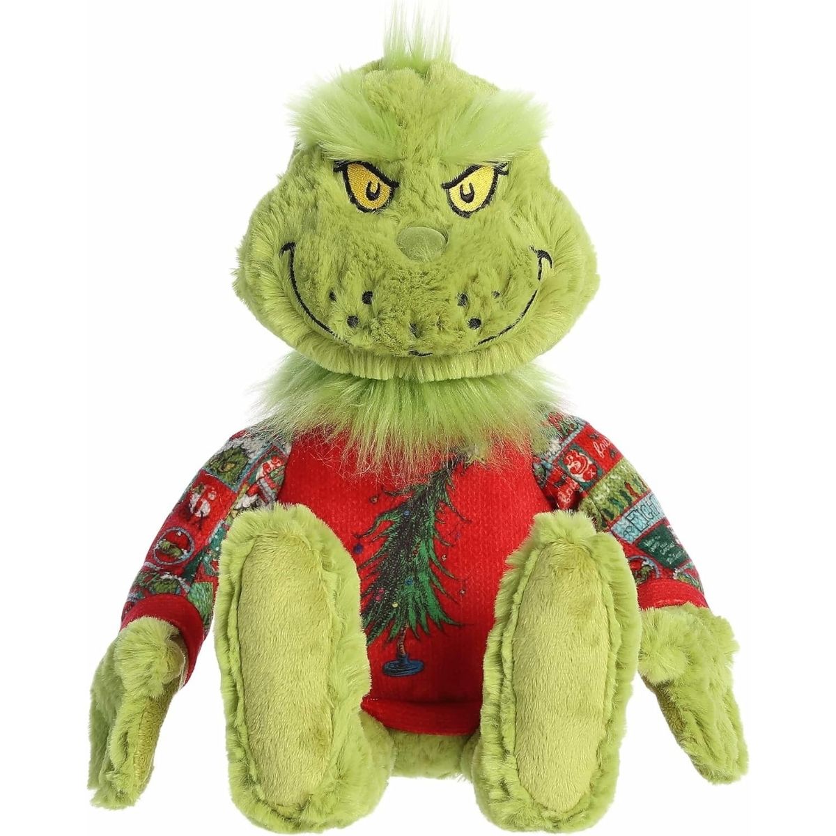Front view of the sitting 9.5-inch Aurora Dr. Seuss Grinch plush toy wearing a red ugly Christmas sweater with a tree graphic.