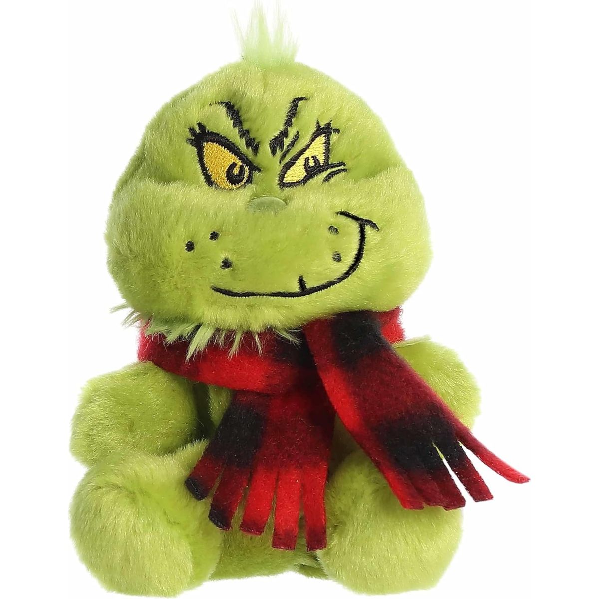 A direct front portrait view of the mini Grinch with Scarf plush highlighting his smirking face and fringe scarf.