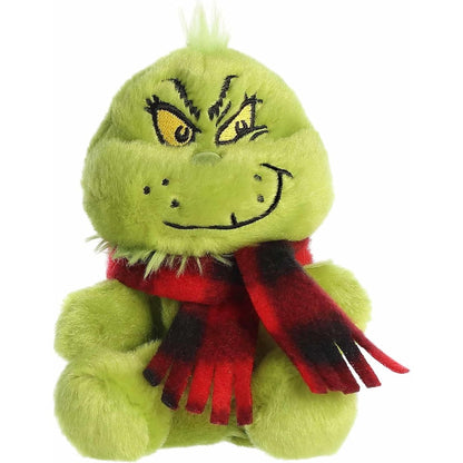 A direct front portrait view of the mini Grinch with Scarf plush highlighting his smirking face and fringe scarf.