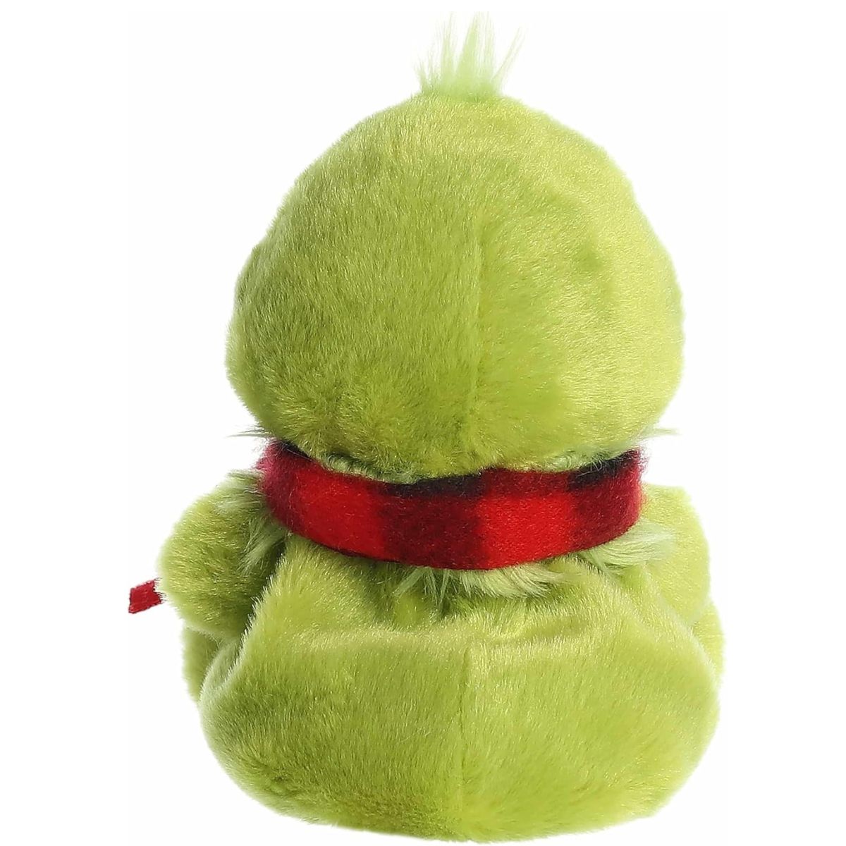 The rear view of the lime green Aurora Grinch stuffed toy displaying his soft plush back and green head tuft