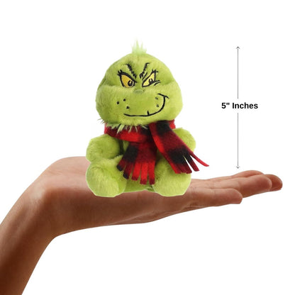 The miniature Grinch with Scarf plush sitting inside an open human hand displaying a 5-inch height indicator graphic.