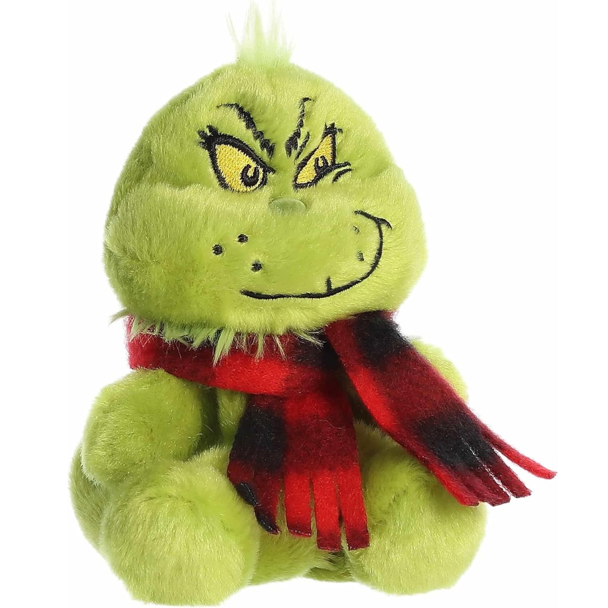 Aurora Palm Pals The Grinch 5-inch plush stuffed toy sitting forward wearing a red and black plaid winter scarf.
