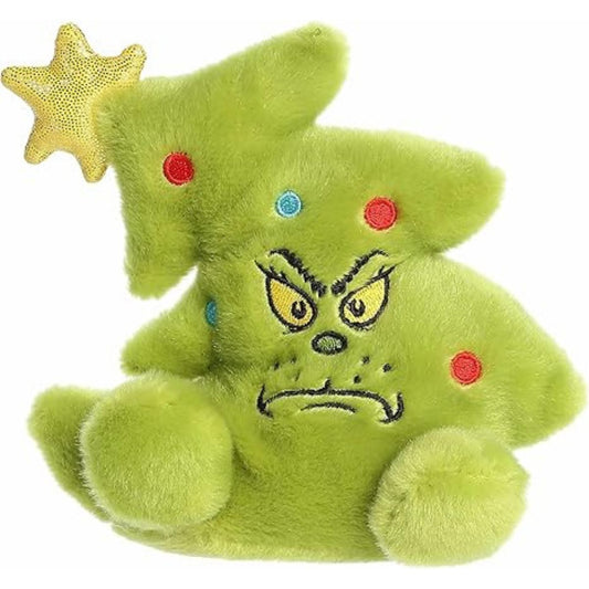 A direct front close-up view of the mini Grinch Tree plush highlighting its grumpy embroidered expression and multi-colored ornaments.