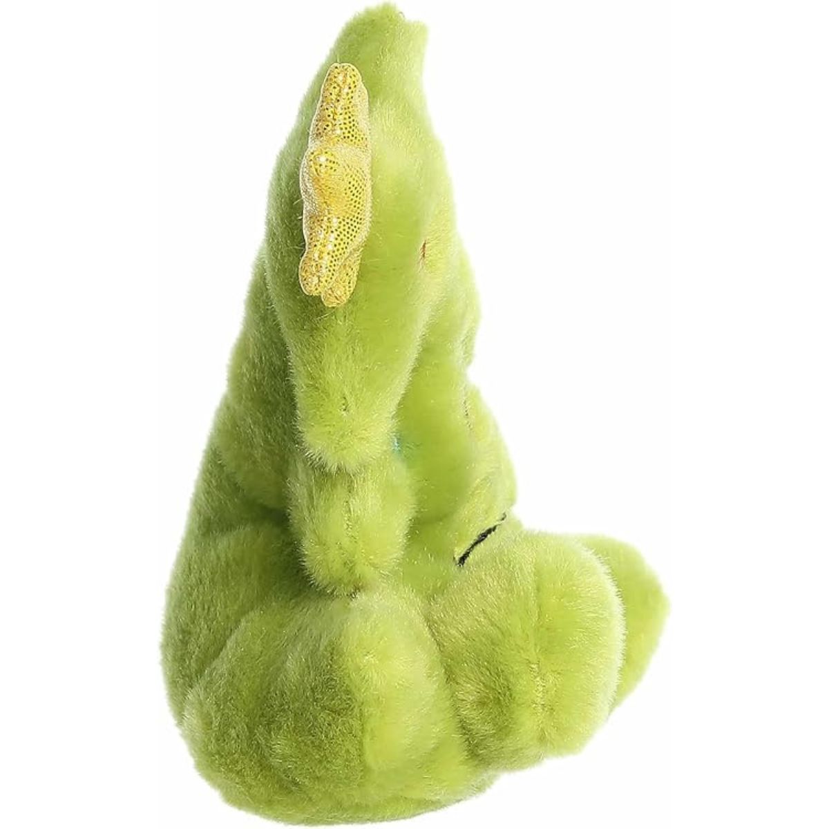 The right side profile view of the sitting Aurora Palm Pals Grinch Tree plush showing its tiered tree shape.