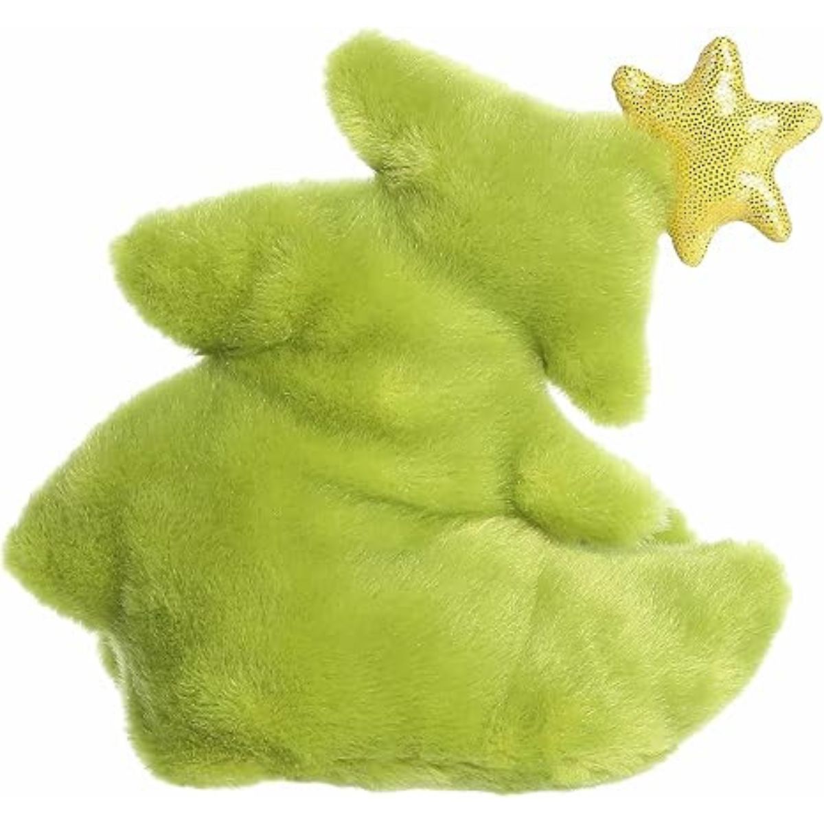 The rear view of the green Aurora Grinch Tree stuffed toy displaying its soft plush back and stitched gold star.