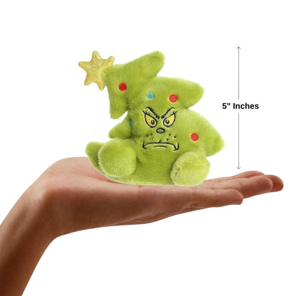 The miniature Grinch Tree plush sitting inside an open human hand displaying a 5-inch height indicator graphic.