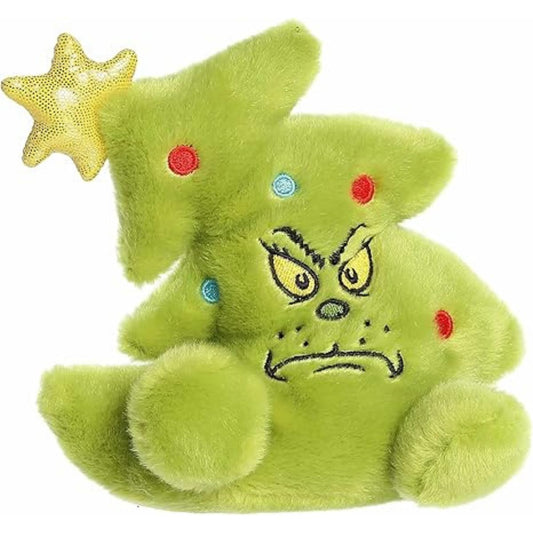 Aurora Palm Pals Grinch Tree 5-inch plush stuffed toy sitting forward with a green holiday tree body and a metallic gold star.