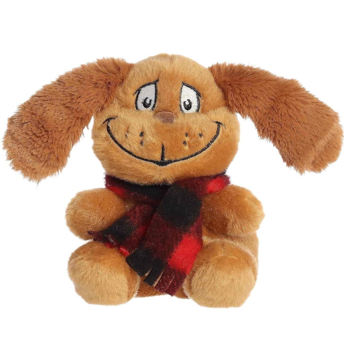 A close-up front portrait thumbnail of the Max plush showing his goofy embroidered smile and cozy plaid neck accessory.