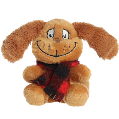 A close-up front portrait thumbnail of the Max plush showing his goofy embroidered smile and cozy plaid neck accessory.