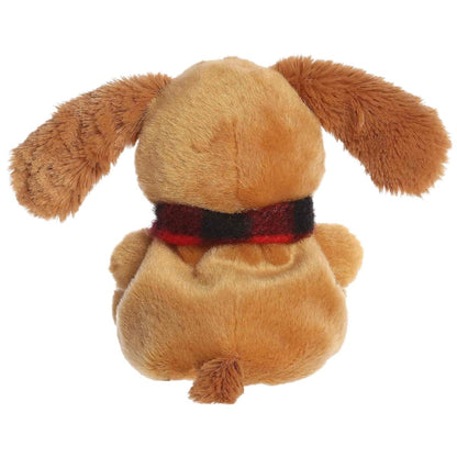 The rear thumbnail view of the golden-tan Aurora Max stuffed toy displaying his clean back and the tied end of his festive scarf.