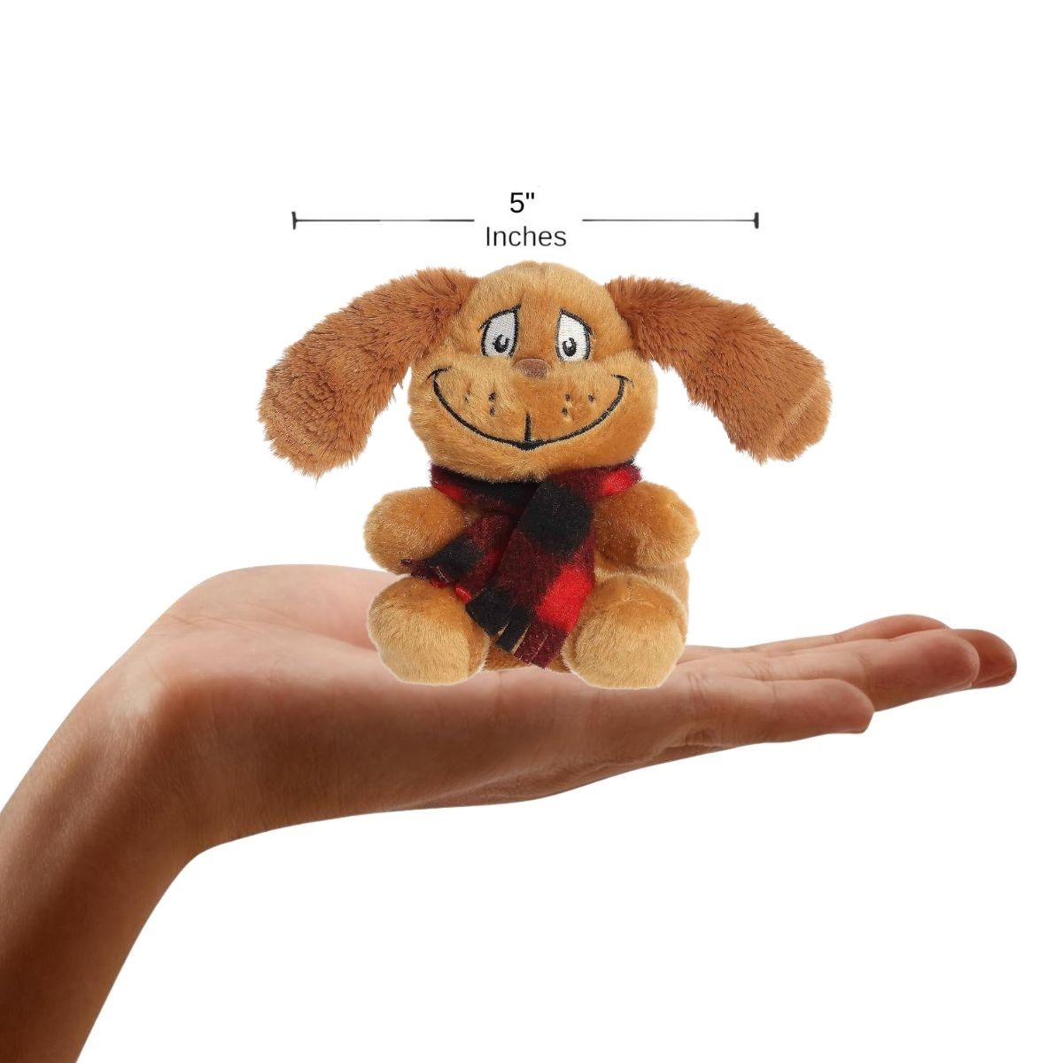 The miniature Max plush sitting balanced in the palm of an open human hand under a 5-inch height graphic indicator.