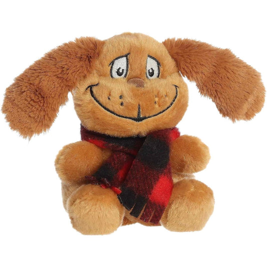 Aurora Palm Pals 5-inch Dr. Seuss Max with Scarf plush toy sitting forward with golden-tan fur, long floppy ears, and a red-and-black plaid scarf.