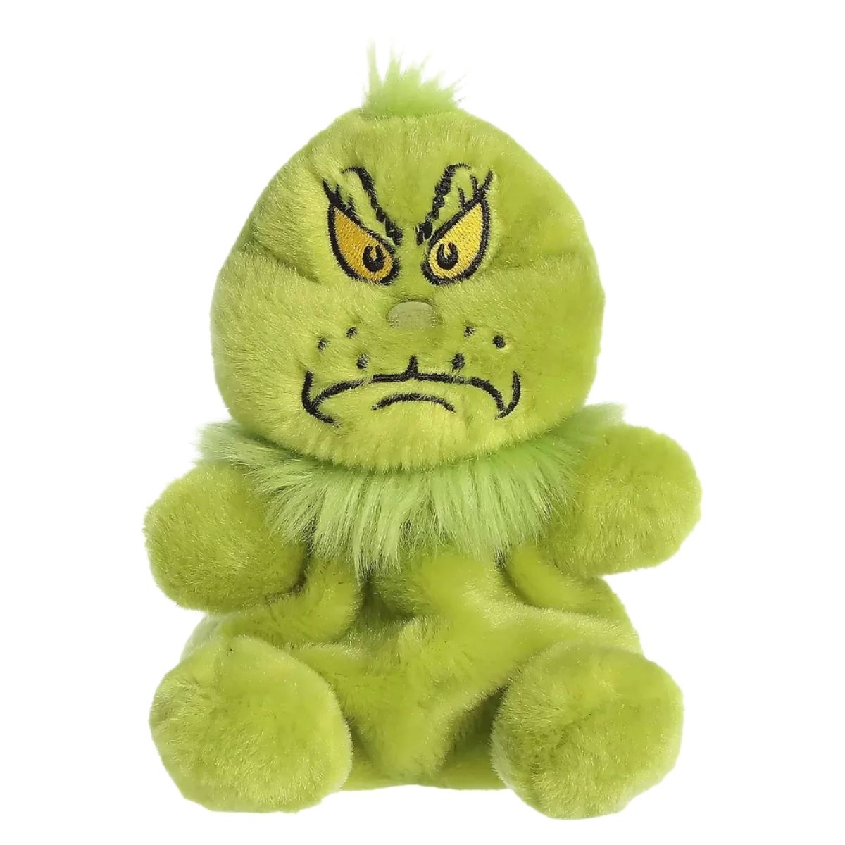 A close-up front portrait thumbnail of the Grinch plush showing its iconic scowling face, bushy eyebrows, and green textured fur.