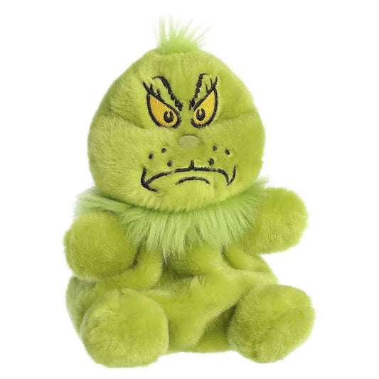 Aurora Palm Pals 5-inch Dr. Seuss The Grinch "Mean One" plush toy sitting forward with bright green fur, a fuzzy neck ruff, and a grumpy expression.