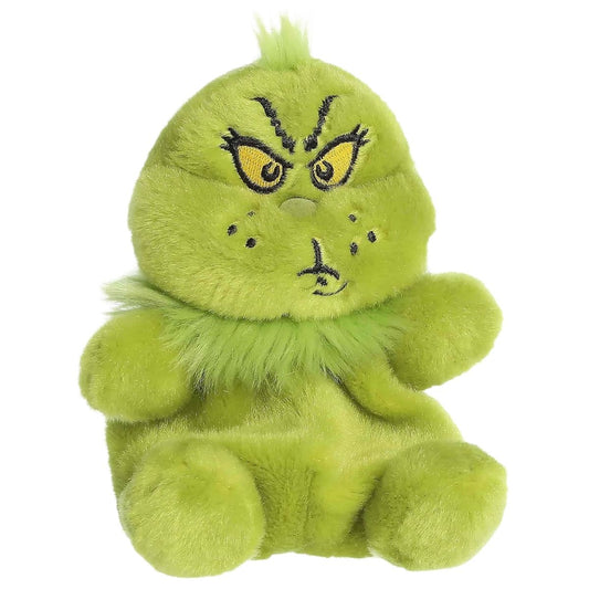 Aurora 5-inch Palm Pals Dr. Seuss The Grinch Snarky plush toy showing its signature scowling face, lime green fur, and fluffy collar.