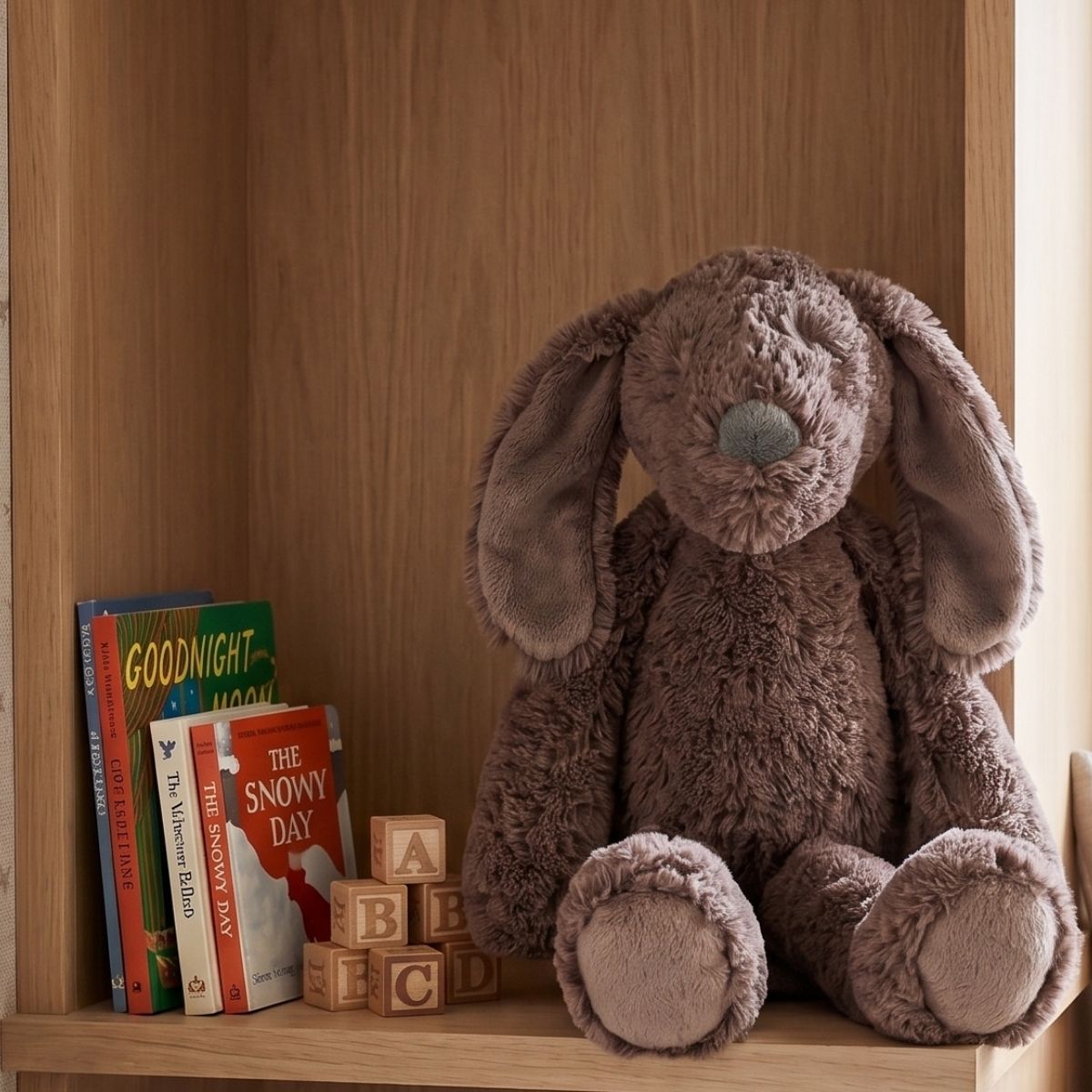 Happy Horse Dog Jax No. 2 plush toy sitting on a wooden nursery shelf next to children's books and alphabet blocks.