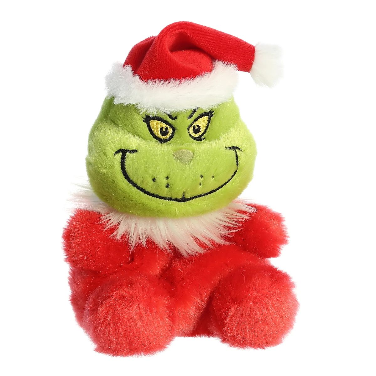 Aurora 5-inch Palm Pals Santa Grinch plush toy sitting forward showing his lime-green face, devious expression, red Santa suit with a fluffy white collar, and matching red Santa hat.