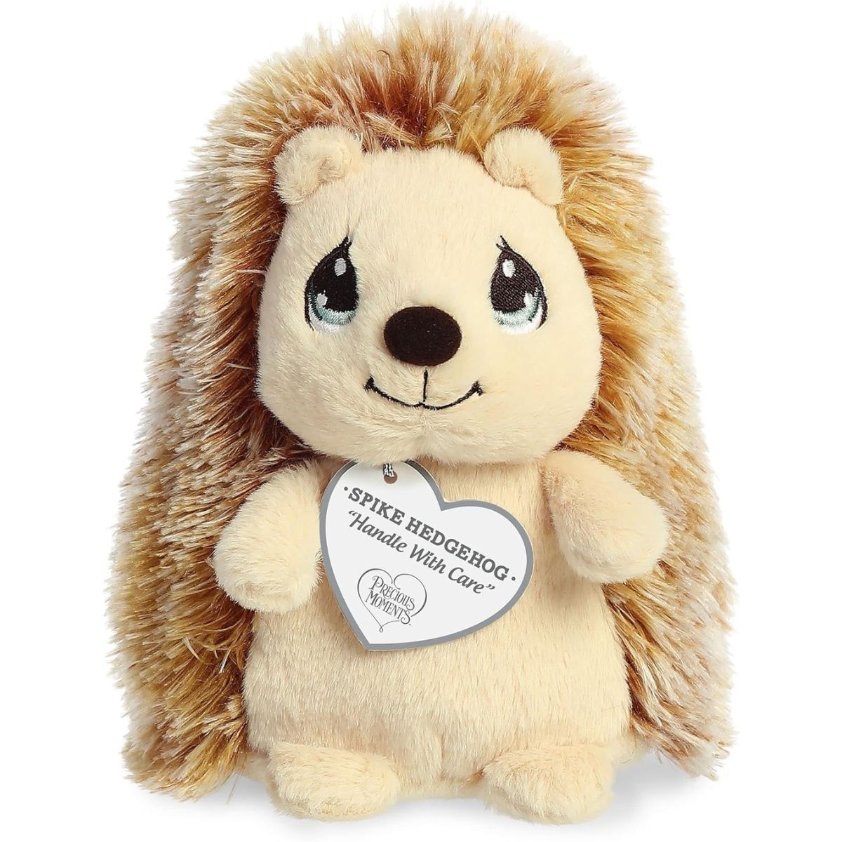 Straight front sitting view of the hedgehog plush showing its cream-colored belly, iconic Precious Moments teardrop eyes, and black nose.