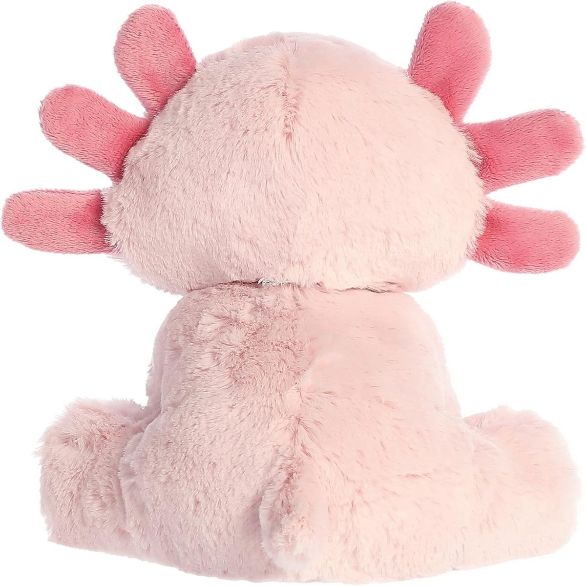 Back view of the Aurora axolotl plush showcasing its soft, textured pink plush fur and little tail.
