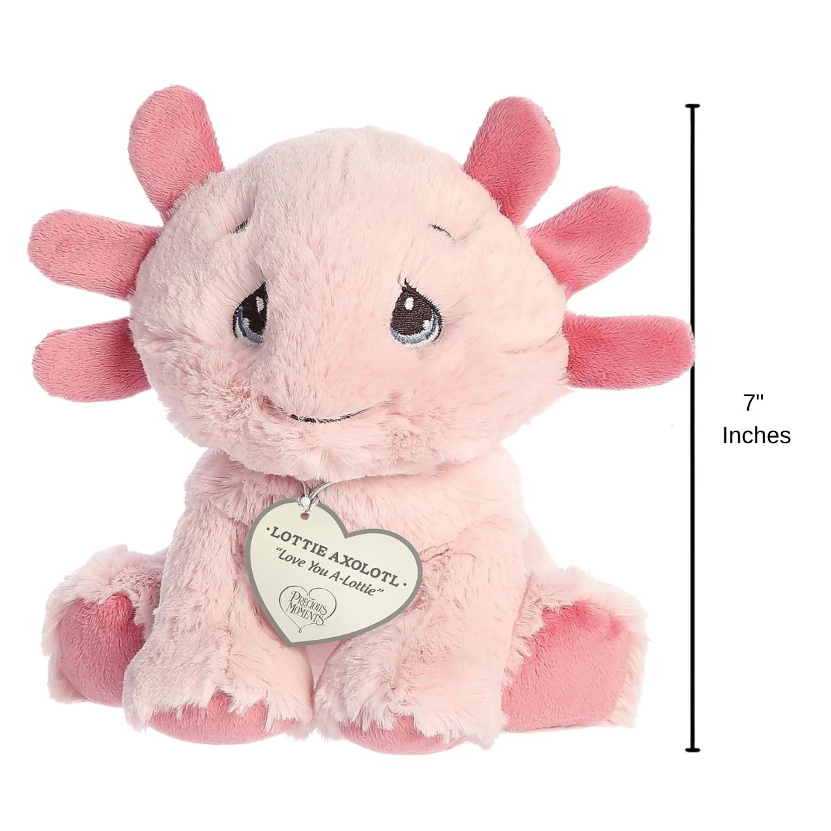 Sizing graphic showing the 7-inch Precious Moments Lottie Axolotl plush sitting next to a measurement line to demonstrate its scale.