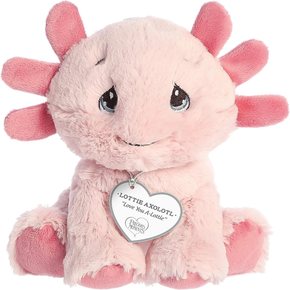 Straight front sitting view of the pink axolotl plush showing its iconic Precious Moments teardrop eyes and dark pink gills.