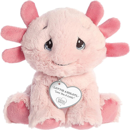 Straight front sitting view of the pink axolotl plush showing its iconic Precious Moments teardrop eyes and dark pink gills.