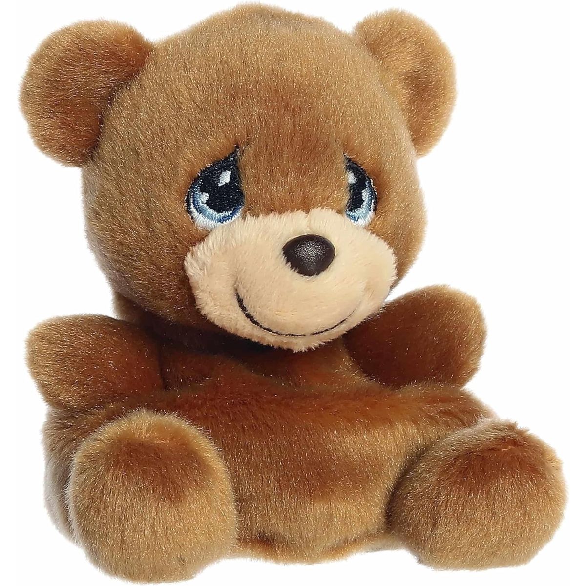 Aurora Palm Pals Precious Moments 5-inch Charlie Bear plush stuffed toy sitting forward with rich brown fur and teardrop eyes.