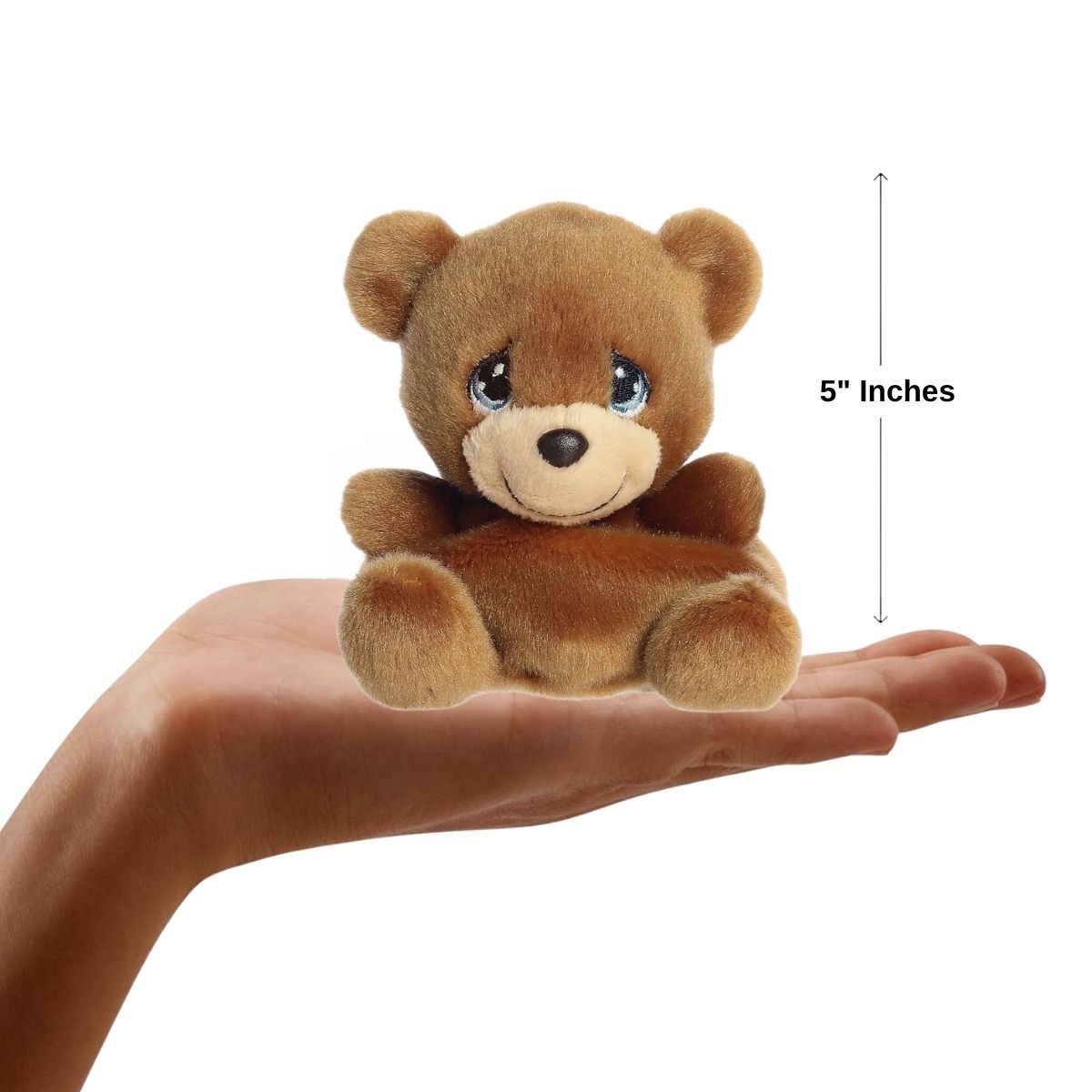The miniature Charlie Bear plush sitting inside an open human hand displaying a 5-inch height indicator graphic.