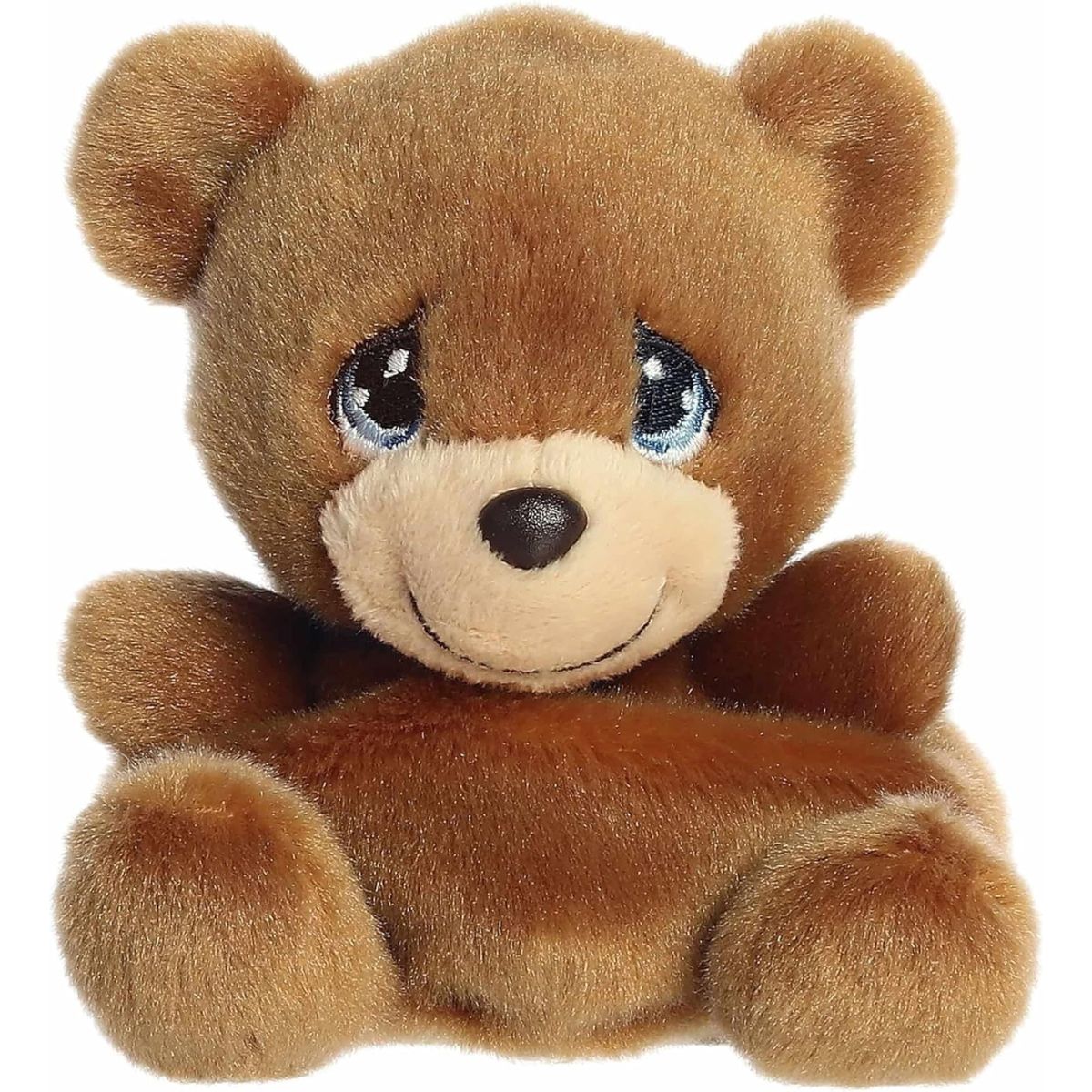 A direct front portrait view of the mini Charlie Bear plush showing its cream snout and friendly embroidered smile.