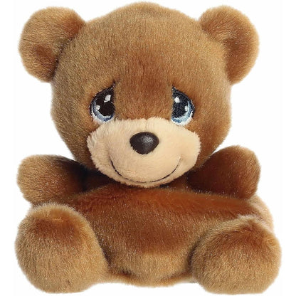 A direct front portrait view of the mini Charlie Bear plush showing its cream snout and friendly embroidered smile.