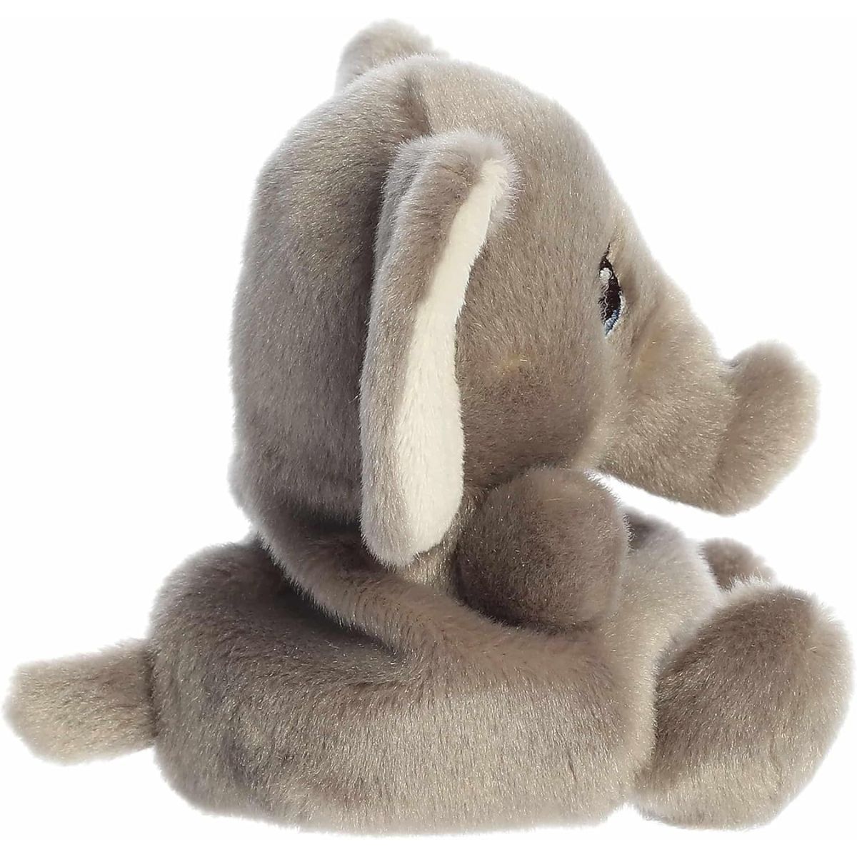 The right side profile view of the sitting Aurora Palm Pals elephant plush highlighting its curved trunk and plush tail.