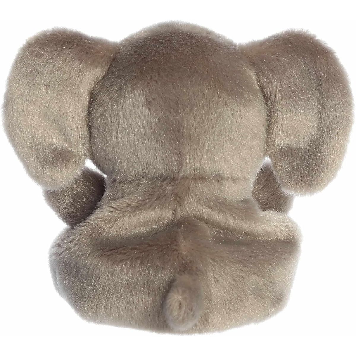 The rear view of the grey Aurora elephant stuffed animal displaying its large ears and compact rounded back.