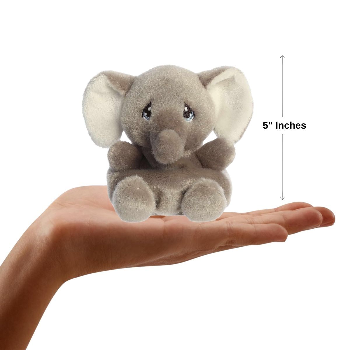 The miniature Tuk Elephant plush sitting inside an open human hand displaying a 5-inch height indicator graphic.
