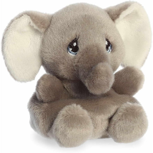 Aurora Palm Pals Precious Moments 5-inch Tuk Elephant plush stuffed toy sitting forward with a soft grey body and teardrop eyes.