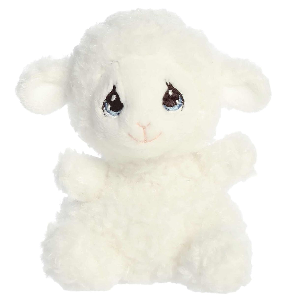 A direct front portrait view of the mini Luffie Lamb plush showing its sweet pink stitched mouth and soft ears.