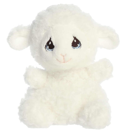 A direct front portrait view of the mini Luffie Lamb plush showing its sweet pink stitched mouth and soft ears.