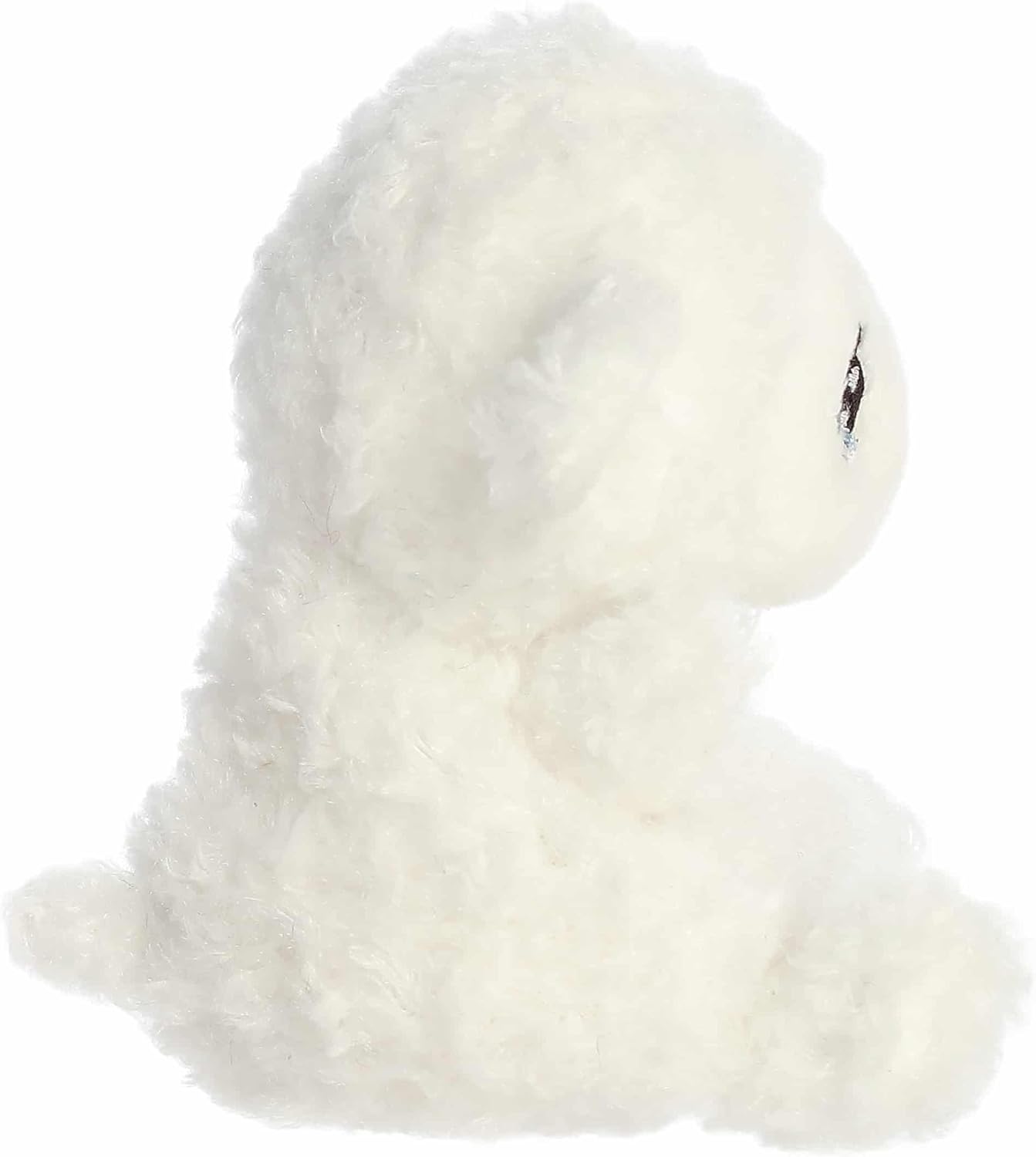The right side profile view of the sitting Aurora Palm Pals lamb plush highlighting its cloud-textured white fur.