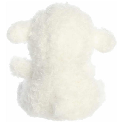 The rear view of the white Aurora sheep stuffed animal displaying its soft fleece back and compact rounded shape.