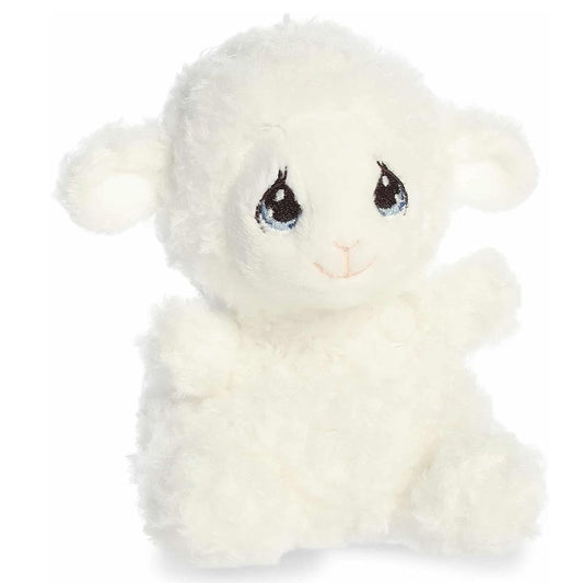 Aurora Palm Pals Precious Moments 5-inch Luffie Lamb plush stuffed toy sitting forward with a fluffy white body and teardrop eyes.