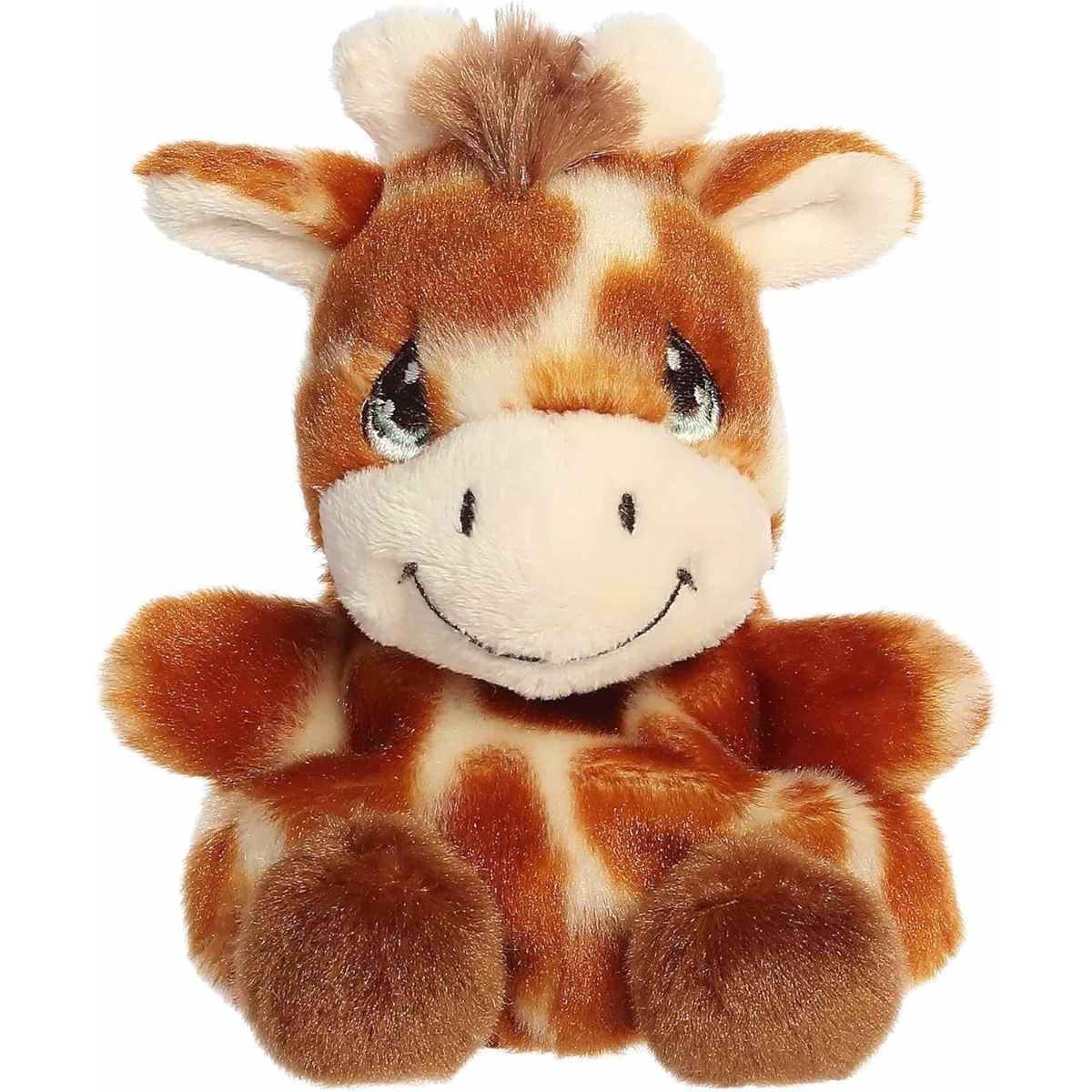 A direct front portrait view of the mini Raffie Giraffe plush showing its cream muzzle and sweet stitched smile.