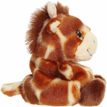 The right side profile view of the sitting Aurora Palm Pals giraffe plush highlighting its dark brown plush mane.