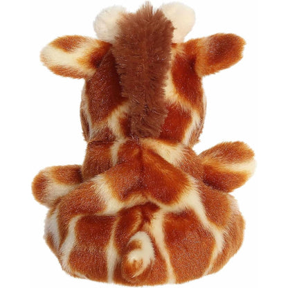 The rear view of the spotted Aurora giraffe stuffed animal displaying its patterned back and small plush horns.