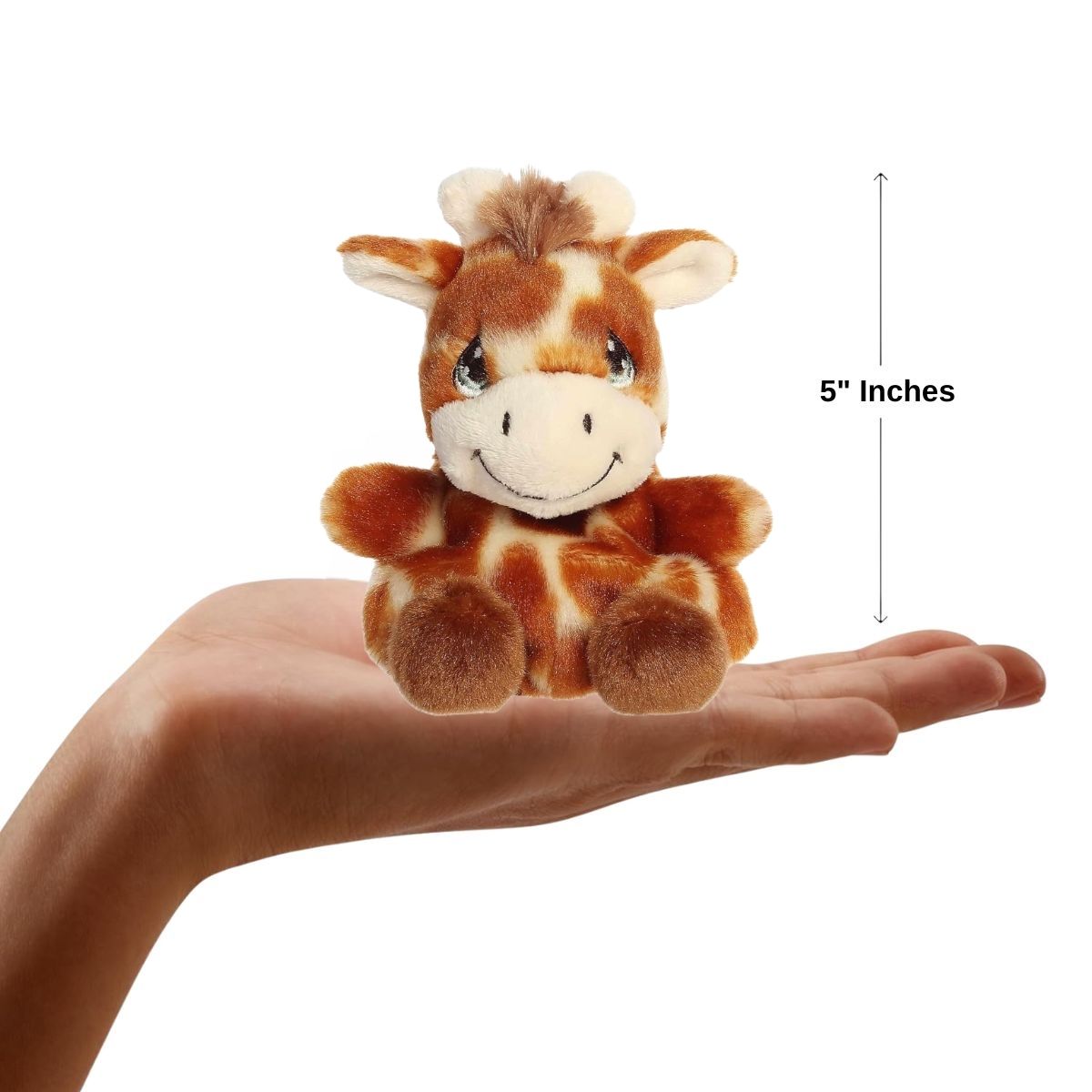 The miniature Raffie Giraffe plush sitting inside an open human hand displaying a 5-inch height indicator graphic.