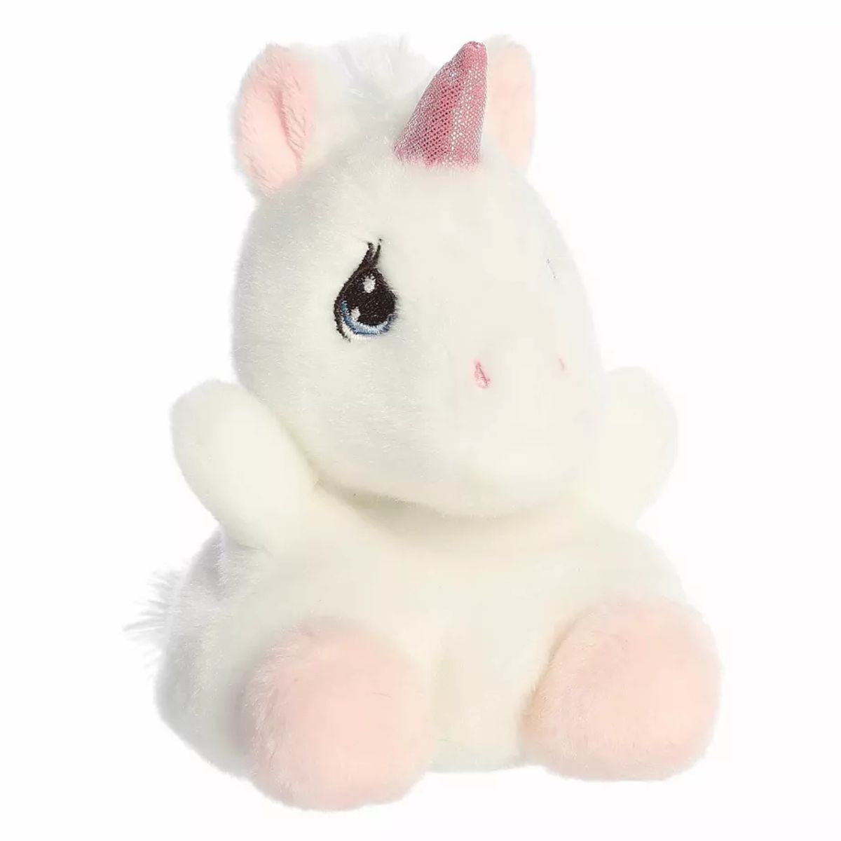 A direct front portrait view of the mini Sparkle Unicorn plush showing its soulful teardrop eyes and pink hooves.