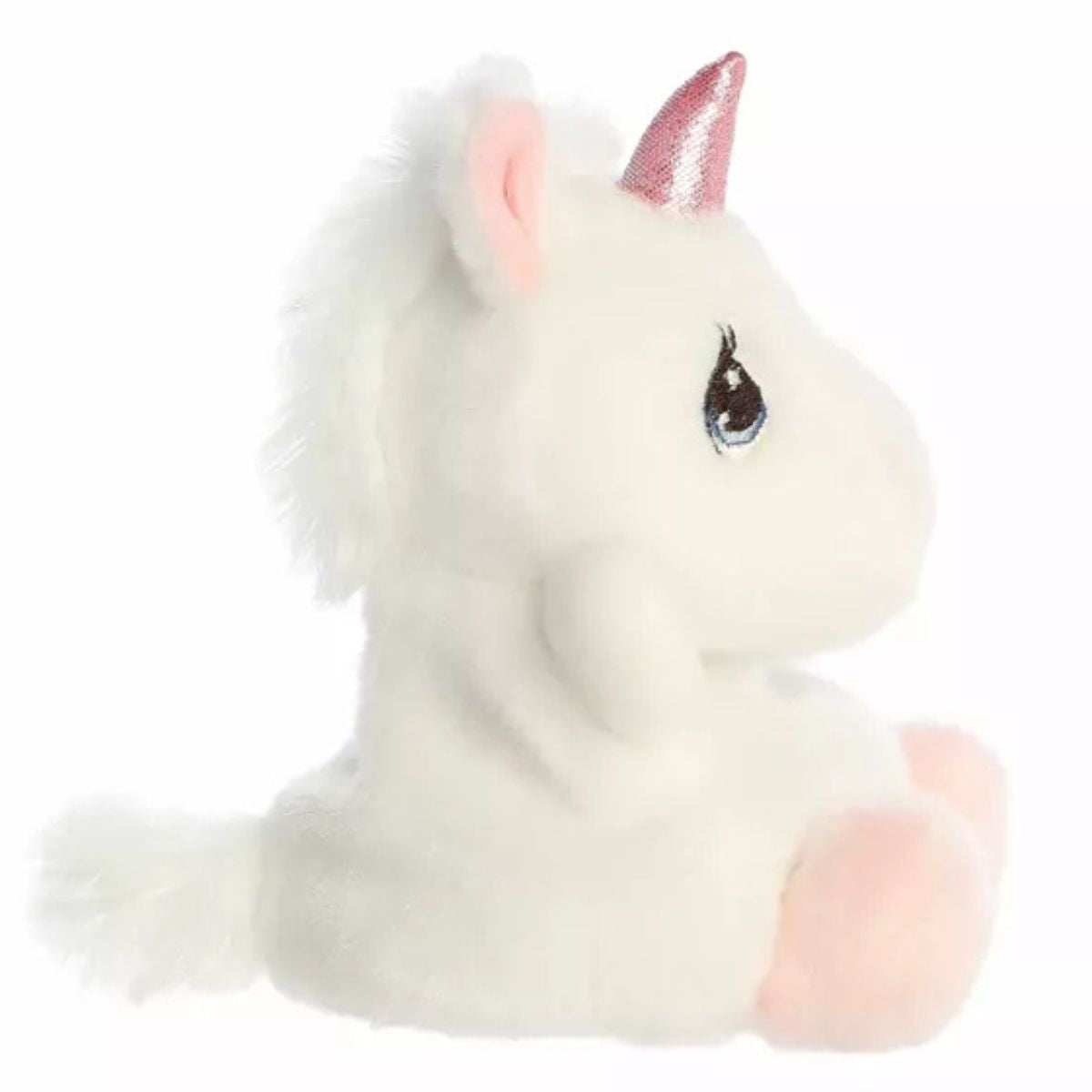 The right side profile view of the sitting Aurora Palm Pals unicorn plush highlighting its fluffy white mane and tail.