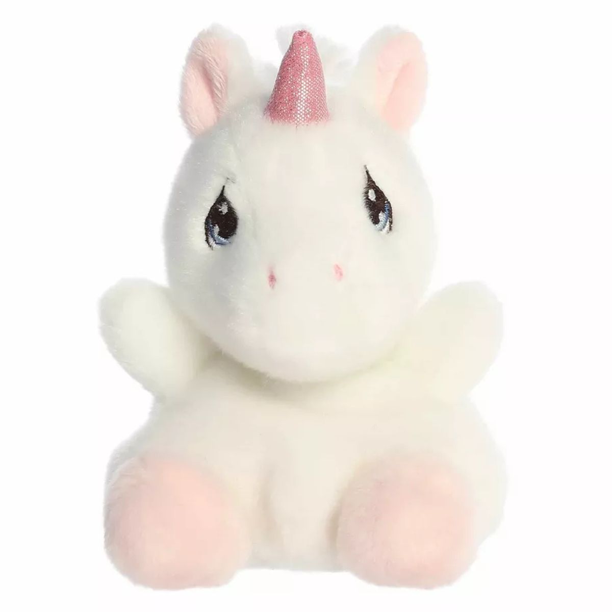 Aurora Palm Pals Precious Moments 5-inch Sparkle Unicorn plush stuffed toy sitting forward with a white body and pink horn.