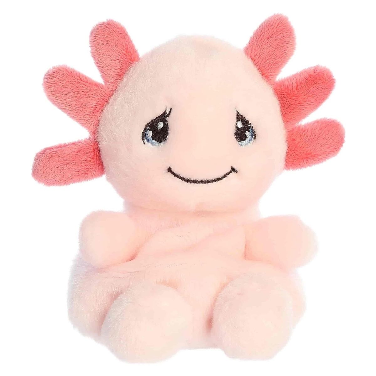 Front angled view of the 5-inch Aurora Palm Pals Precious Moments Lottie Axolotl plush toy featuring a pastel pink body and dark pink gills.