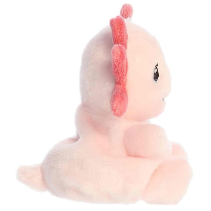 Side profile view of the Palm Pals Lottie Axolotl highlighting its plump shape and soft pink side gills.