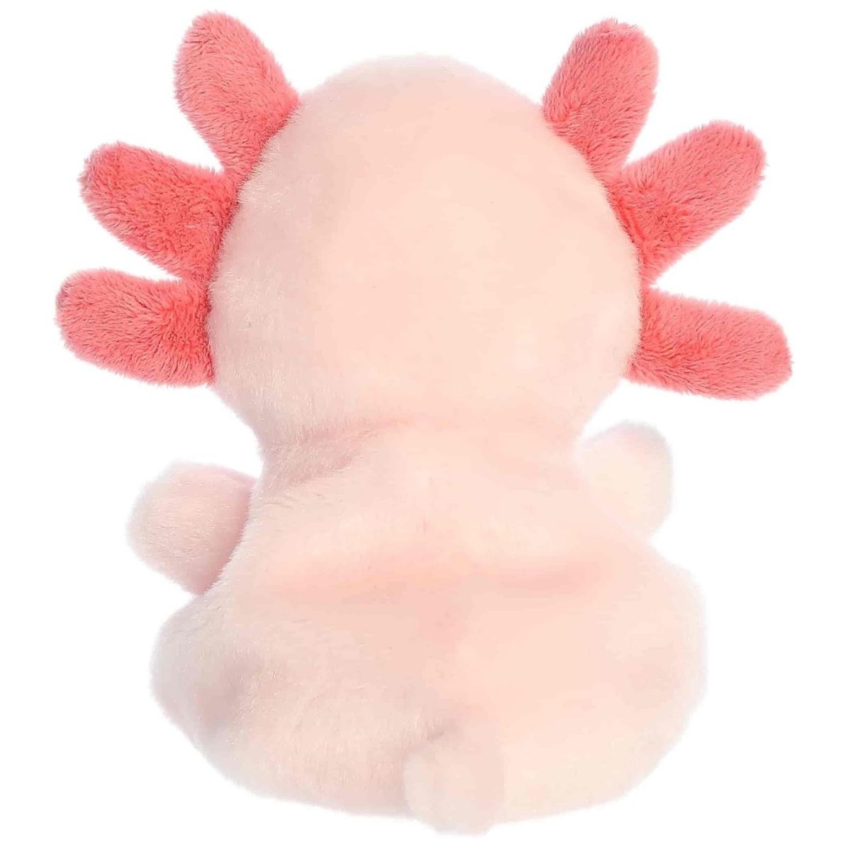 Back view of the Aurora axolotl plush showcasing its soft pink body and tiny little amphibian tail.